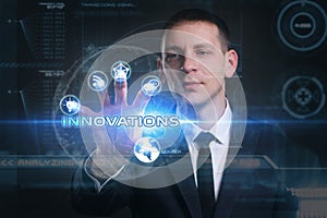 Business, Technology, Internet and network concept. Young businessman working on a virtual screen of the future and sees