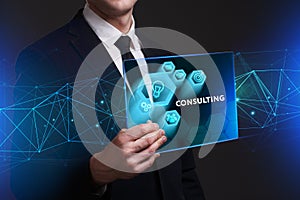 Business, Technology, Internet and network concept. Young businessman working on a virtual screen of the future and sees