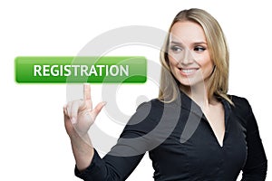 Business, technology, internet and networking concept - woman pressing registration button on virtual screens