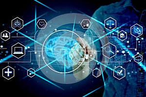 Business technology, IoT Internet of Things, Software development concept. Business man, working on digital tablet