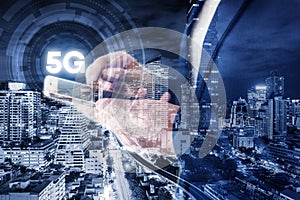 Business Technology Telecommunication and Communication 5G Network Connection Concept, Double Exposure of Businesswoman Using Mobi