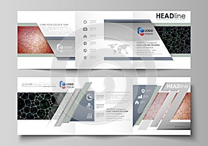 Business templates for tri fold square design brochure. Leaflet cover, vector layout. Chemistry pattern, molecular