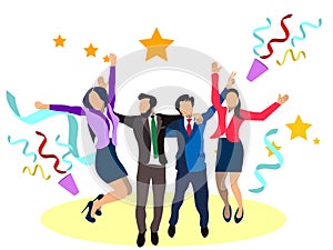 Business theme, office rejoices sales. Dancing and jumping. In minimalist style. Cartoon flat Vector