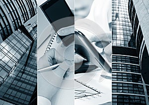 Business theme photo collage composed of few images.