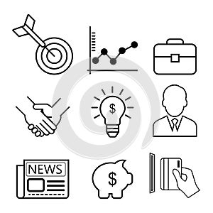 Business thin line icons set,target,graph,briefcase,handshake,idea,businessman,newspaper,piggy bank,credit card,vector