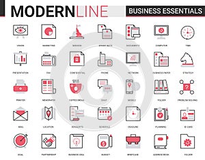 Business thin red black flat line icon vector illustration set with office objects, equipment and documents for
