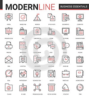 Business thin red black line icon vector illustration set with office objects, equipment and documents for financial