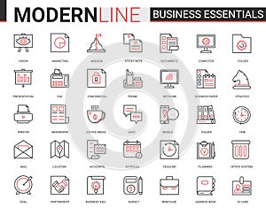 Business thin red black line icon vector illustration set with office objects, equipment and documents for financial