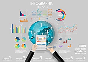 Business Think analyze work globally for modern Idea and Concept Vector illustration Infographic template with hand,Pen,paper,grap