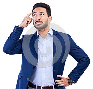 Business, thinking and confused asian man in studio, white background or doubt of stress, questions and fear of future
