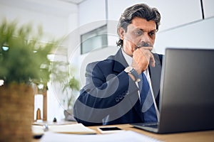 Business, thinking and man with a laptop, solution and problem solving with connection, ideas and email. Person