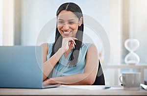Business, thinking and woman with a laptop, smile and connection with internet, website info and solution. Office