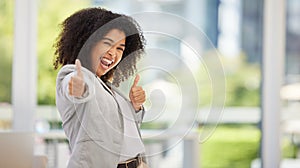 Business thumbs up, happy and black woman excited with high energy, crazy and thumbsup for marketing success or growth