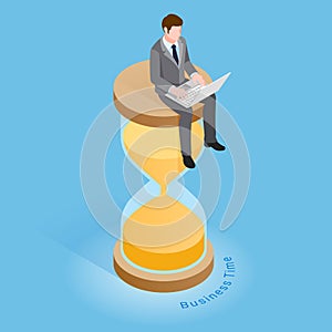 Business time concepts. Businessman running with clock. Isometric vector illustrations