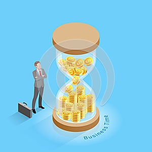 Business time management concepts. businessman standing and looking to sandglass or hourglass. Isometric vector illustrations