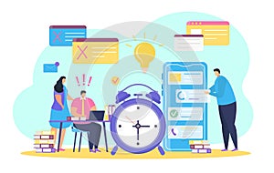 Business time management vector illustration, cartoon tiny people, flat characters solving work task near big clock icon