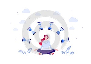 Business time management and work life balance concept. Vector flat person illustration. Female sitting in meditation pose juggle
