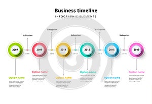 Business timeline in step circles infographics. Corporate milestones graphic elements. Company presentation slide template with y