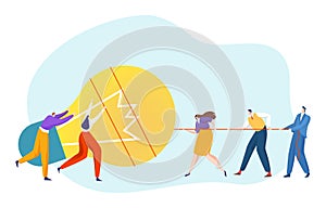 Business tiny person teamwork together pull light bulb, creative idea industry work flat vector illustration, isolated