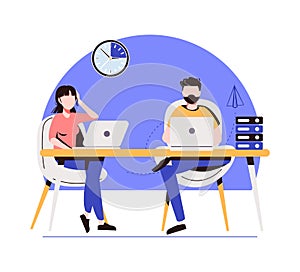 Business topics - office work. Flat style modern outlined vector concept illustration. Man and woman sitting and working at office