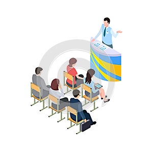 Business training. Coach on tribune, 3d people learning or listen presentation. Isometric man woman students vector