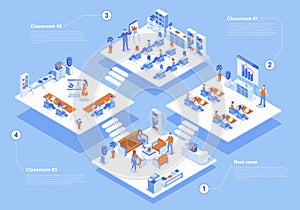 Business training concept 3d isometric web scene with infographic. People working in classrooms, team at meeting listening teacher