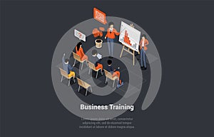 Business Training Concept. Coach Speaking Before Audience. Mentor Presents Charts and Reports, Employees meeting at