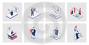 Business training concept of isometric icons in 3d isometry design for web.