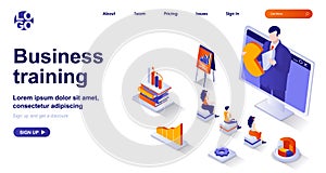 Business training isometric landing page. Professional development isometry concept. Colleagues on course watch teacher webinar 3d