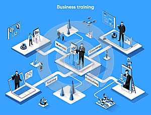 Business training isometric web banner. Coaching, mentoring and consulting flat isometry concept. Career development