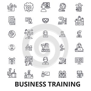 Business training, training session, learning, business meeting, presentation line icons. Editable strokes. Flat design