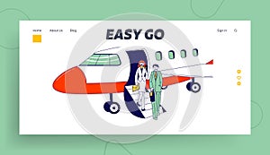 Business Travel, Abroad Trip Landing Page Template. Businesspeople Characters Stand on Airplane Ladder Waiting Meeting