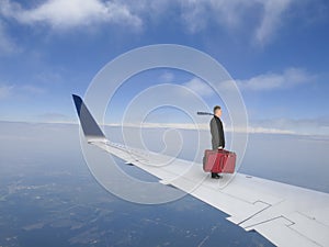 Business Travel Concept, Businessman Flying on Jet