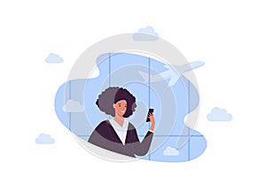 Business travel concept. Vector flat people illustration. African businesswoman hold smartphone on airport terminal window with