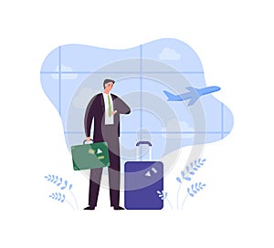 Business travel concept. Vector flat people illustration. Businessman wait, watch clock and hold suitcase on airport terminal