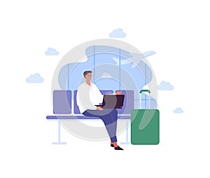 Business travel concept. Vector flat people illustration. Young adult businessman with laptop sitting in departure lounge on