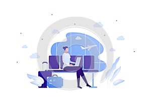 Business travel concept. Vector flat people illustration. Young adult woman with laptop sitting and writing in departure lounge on