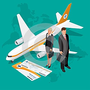 Business travel isometric composition. Travel and tourism background. Flat 3d Vector illustration. Travel banner design