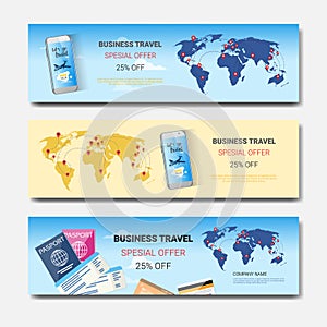 Business Travel Special Offer Set Of Template Horizontal Banners, Tourism Agency Seasonal Sale Posters Design