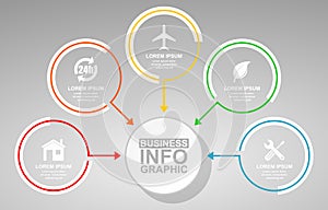 Business, travel and technology vector presentation, flat design circular infographic template, web diagram in 5 options