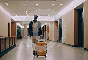 Business traveler with rolling suitcase in busy airport terminal.