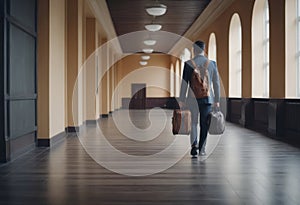 Business traveler with rolling suitcase in busy airport terminal.