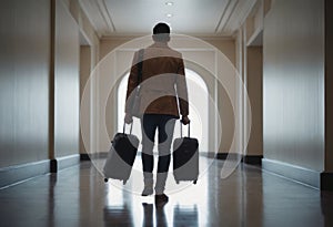 Business traveler with rolling suitcase in busy airport terminal.