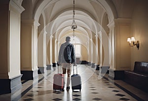 Business traveler with rolling suitcase in busy airport terminal.