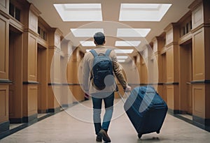 Business traveler with rolling suitcase in busy airport terminal.