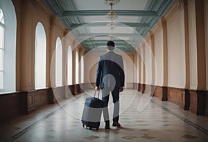 Business traveler with rolling suitcase in busy airport terminal.