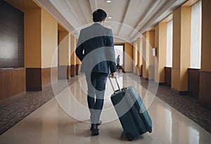 Business traveler with rolling suitcase in busy airport terminal.