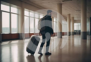 Business traveler with rolling suitcase in busy airport terminal.