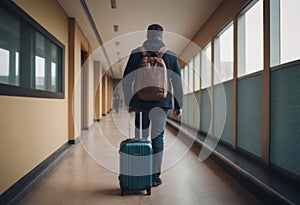 Business traveler with rolling suitcase in busy airport terminal.