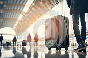 Business traveler with suitcase in airport area